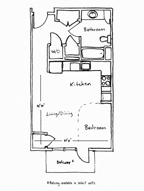 A drawing of a floor plan of a room with a kitchen, living/dining area, and bathroom.